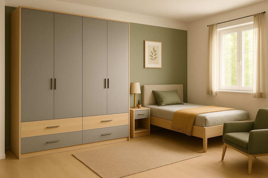 Zeitlos eingerichtetes Jugendzimmer mit maßgefertigtem Stauraumschrank STEFAN in Grau und Naturholz – kombiniert mit Einzelbett, Nachtkästchen und Sessel. Hochwertige Tischlermöbel in ruhiger Farbgestaltung, ideal für Jugendliche oder Gästezimmer.