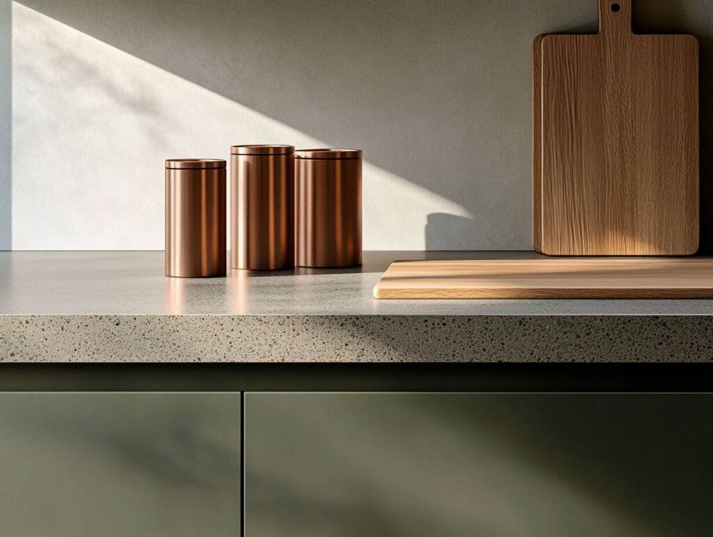 Detailaufnahme einer modernen Küchenarbeitsplatte aus Stein, kombiniert mit grün-matten Fronten. Kupferfarbene Aufbewahrungsdosen und ein Schneidebrett aus Holz setzen warme Akzente im Sonnenlicht.