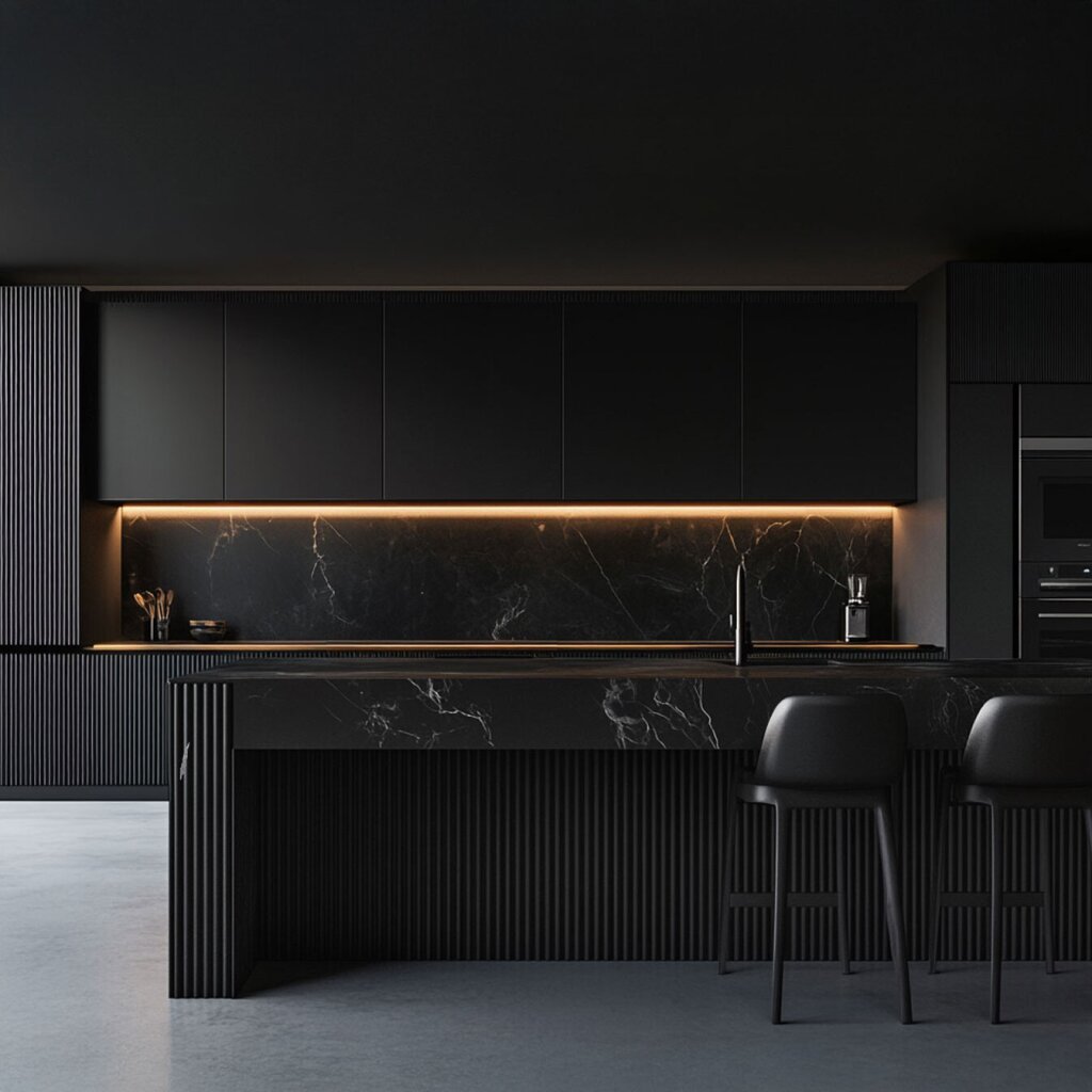 Luxuriöse Küche nach Maß in tiefschwarzem Design – Fronten, Insel und Rückwand in schwarzem Stein mit feiner Maserung. Vertikale Lamellenstrukturen betonen die klare Geometrie, während eine dezente LED-Lichtleiste für elegante Akzente sorgt. Die Küche wirkt minimalistisch, exklusiv und von zeitloser Eleganz – ein maßgefertigtes Unikat vom Tischler.
