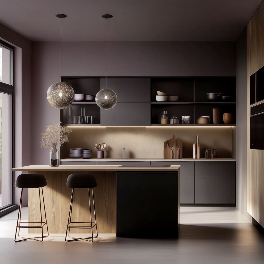 Moderne Küche nach Maß – Fronten in edlem Dunkelviolett kombiniert mit heller Holzoberfläche. Die Kücheninsel mit Barfunktion wird von zwei Pendelleuchten stimmungsvoll beleuchtet. Offene Regale, raumhohe Schränke und dezente LED-Lichtbänder betonen die klare Linienführung. Ein elegantes, maßgefertigtes Küchenunikat vom Tischler.