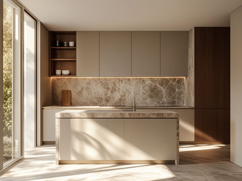 Küche nach Maß in hellen Sandtönen – elegante Fronten kombiniert mit einer Kücheninsel und Rückwand aus marmorierter Steinplatte. Seitliche Elemente aus Nussbaumholz bringen Wärme in den Raum. Großzügige Fenster lassen viel Tageslicht herein und schaffen eine wohnliche, natürliche Atmosphäre. Ein maßgefertigtes Küchenunikat, das Eleganz und Funktionalität verbindet.