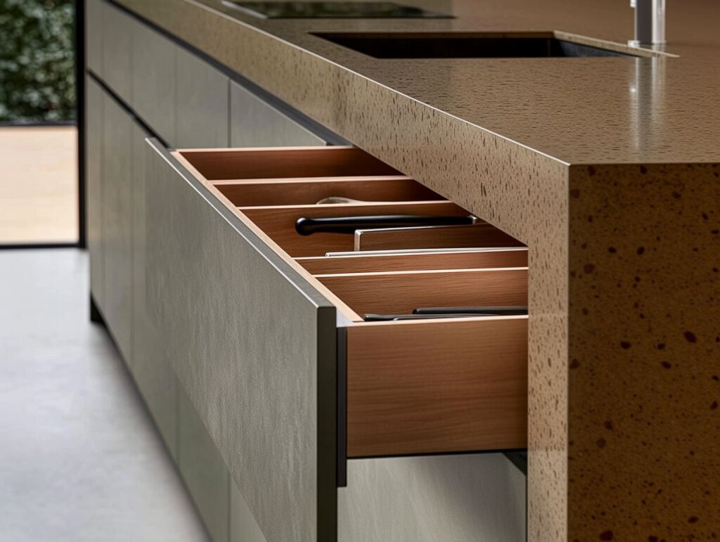 Ausgezogene Schublade einer modernen Kücheninsel mit geordneter Besteckeinteilung aus Holz. Stein-Arbeitsplatte in Naturtönen sorgt für robuste Eleganz.