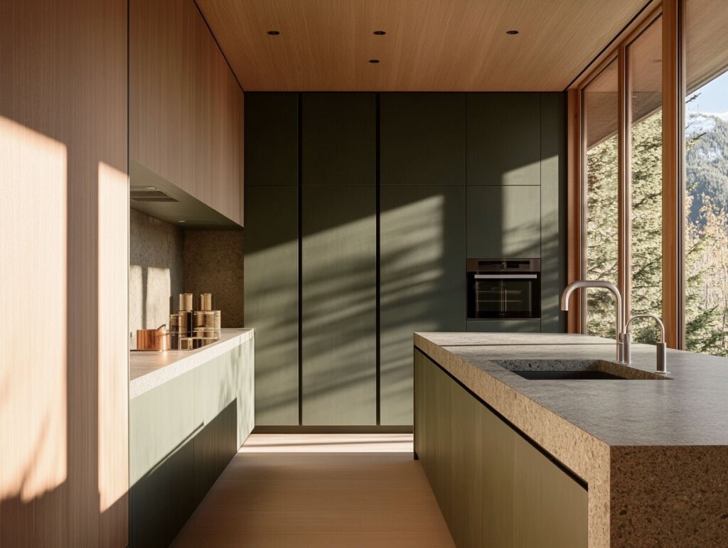 Moderne Küche mit grün-matten Fronten, heller Stein-Arbeitsplatte und großer Kochinsel. Durch die bodentiefen Fenster fällt warmes Sonnenlicht und gibt den Blick ins Grüne frei.