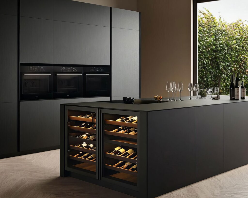 Exklusive Küche nach Maß mit mattierten Oberflächen in elegantem Dunkelgrau. Eine großzügige Kücheninsel mit integriertem Weinkühler und Barbereich verbindet Funktion und Design. Die grifflosen Fronten, raumhohen Schränke und eingebauten Geräte unterstreichen den puristischen Stil. Tageslicht aus dem großen Fenster verstärkt die ruhige, luxuriöse Atmosphäre.