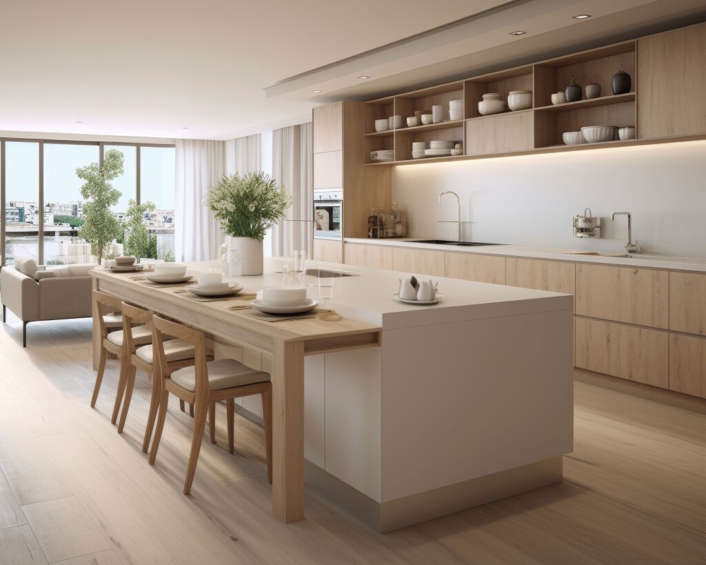 Moderne Küche nach Maß mit multifunktionaler Arbeitsinsel. Die großzügige Insel kombiniert Kochbereich und integrierten Esstisch aus Massivholz, sodass Kochen und gemeinsames Essen direkt ineinander übergehen. Helle Holzfronten, offene Regale und viel Tageslicht schaffen eine wohnliche Atmosphäre. Ein maßgefertigtes Küchenunikat, das Funktionalität und Lebensqualität vereint.