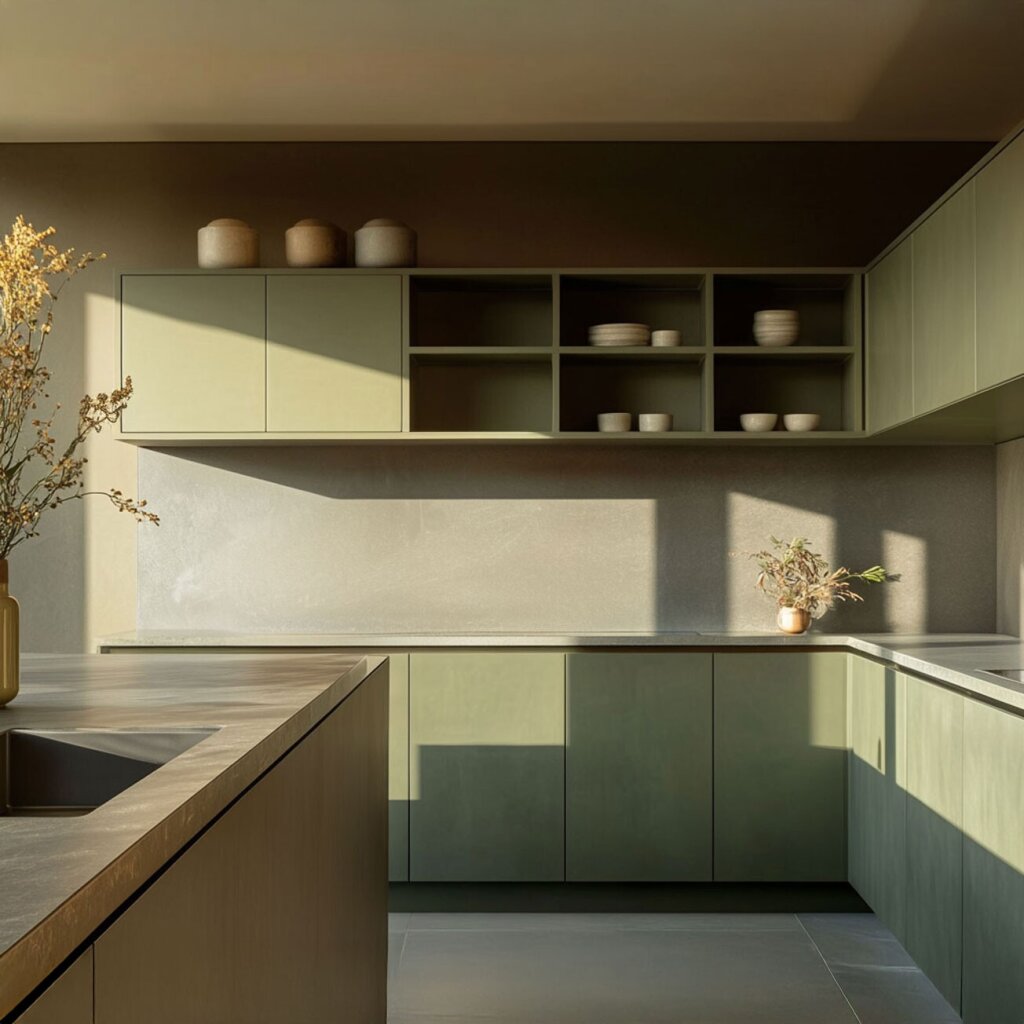 Küche nach Maß in sanftem Salbeigrün – minimalistische Fronten ohne Griffe kombiniert mit einer Arbeitsplatte in Steinoptik. Sonnenlicht fällt durch große Fenster und wirft warme Schatten auf die Wände. Offene Regale mit Keramikgefäßen und eine dezente Pflanze setzen natürliche Akzente. Die Küche wirkt ruhig, harmonisch und zeitlos – ein maßgefertigtes Unikat vom Tischler.