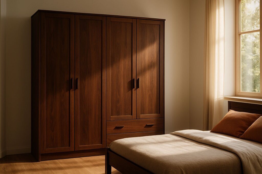Eleganter Drehtürenschrank aus Nussbaumholz – zeitloses Design, gefertigt vom Tischler nach Maß.