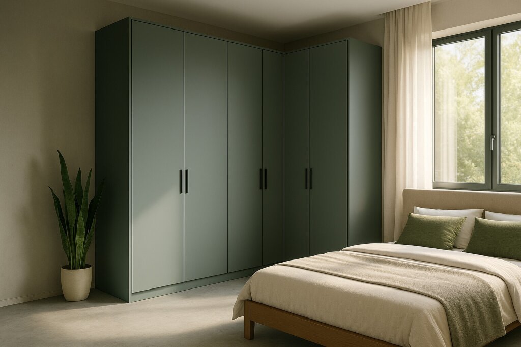 Eckschrank in mattem Salbeigrün, maßgefertigt für optimale Raumnutzung. Schwarze Griffe setzen Akzente, das Tageslicht betont die ruhige Farbwirkung. Harmonisch ergänzt durch Naturtöne im Bett und eine Zimmerpflanze.