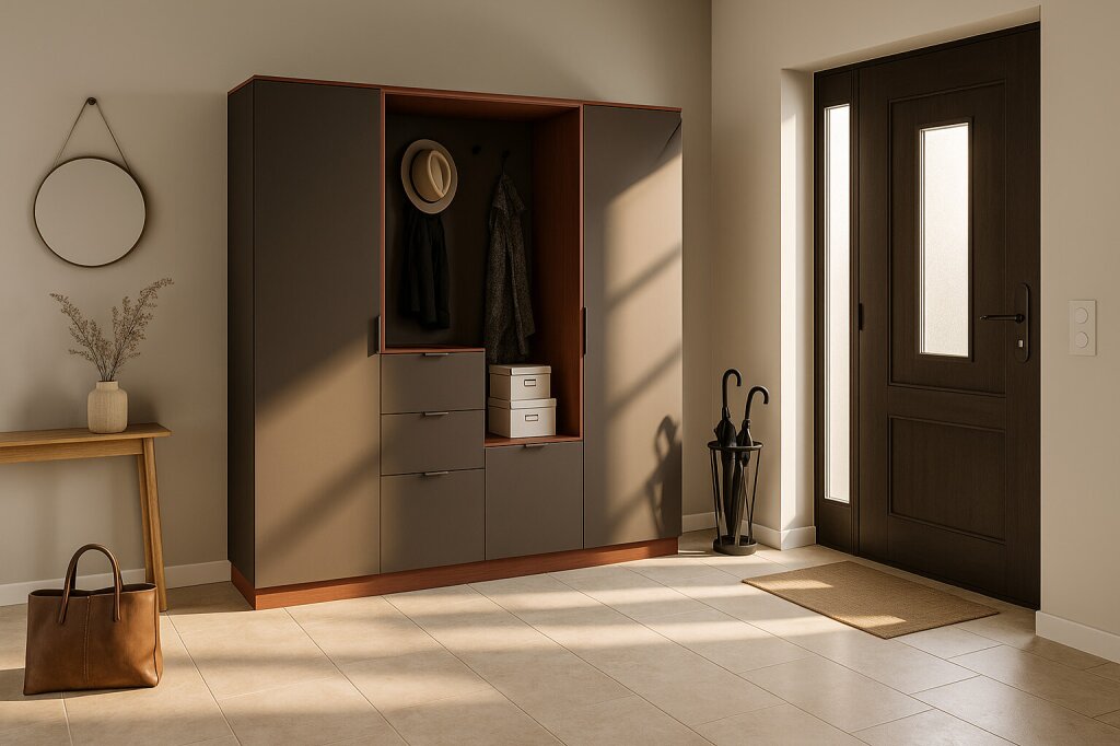 Moderner Garderobenschrank in Braun mit offenen und geschlossenen Elementen, Kleiderhaken und Schubladen, platziert in einem hellen Eingangsbereich. Neben dem Schrank steht ein Regenschirmständer, während links ein Holztisch mit Vase und Spiegel an der Wand dekoriert ist. Natürliches Licht fällt durch die Eingangstür und verleiht dem Raum eine warme, einladende Atmosphäre.