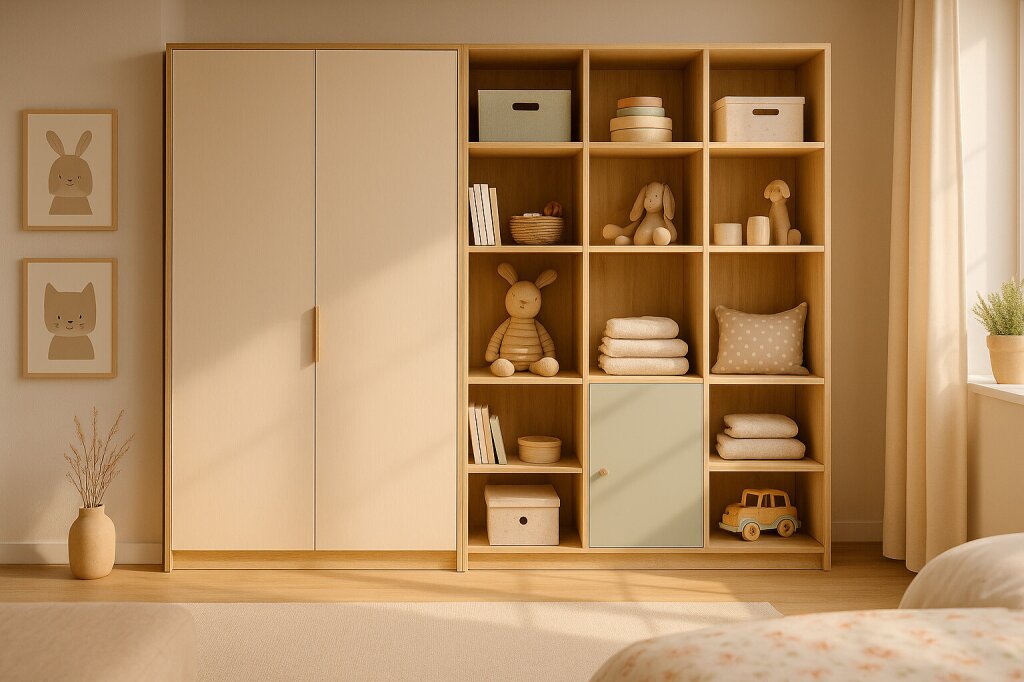 Heller Kinderzimmerschrank aus Holz mit geschlossenen Türen links und offenen Regalfächern rechts, gefüllt mit Kuscheltieren, Kisten, Büchern und Kissen. Das Möbelstück steht in einem freundlich eingerichteten Raum mit heller Vorhänge und warmem Tageslicht, das durch das Fenster fällt. Die natürliche Farbgestaltung schafft eine gemütliche und spielerische Atmosphäre.