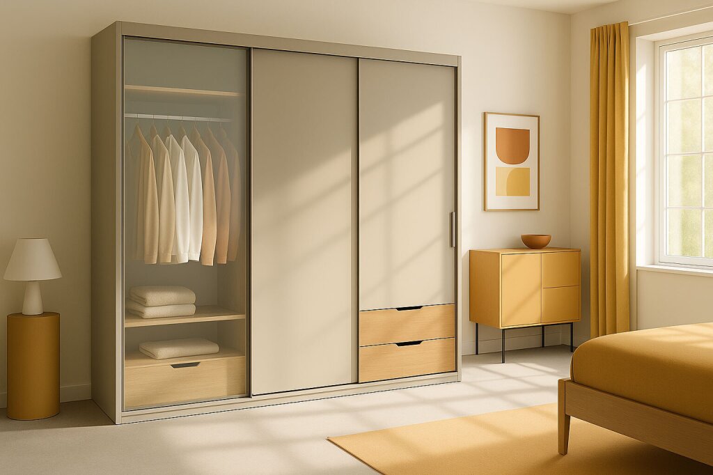 Moderner Kleiderschrank mit Schwebetüren in Beige und Eiche im hell eingerichteten Schlafzimmer. Eine Tür mit Glasfront gibt den Blick frei auf hängende Kleidung in neutralen Farben und ordentlich gefaltete Textilien in offenen Fächern. Sonnenlicht fällt durch das große Fenster mit gelben Vorhängen und unterstreicht die warme, ruhige Atmosphäre des Raumes mit passenden Möbeln und Accessoires.
