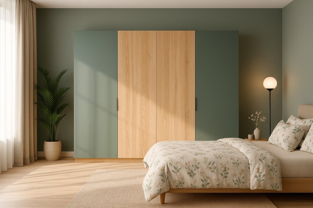 Moderner Kleiderschrank mit Drehtüren in einer Kombination aus hellem Holz und grün lackierten Fronten, harmonisch integriert in ein Schlafzimmer mit grüner Wandfarbe. Ein Bett mit floraler Bettwäsche und natürliche Materialien wie Holzfußboden und Teppich schaffen eine ruhige, wohnliche Atmosphäre. Tageslicht fällt durch große Vorhänge, ergänzt von einer schlanken Stehlampe und einer Topfpflanze.