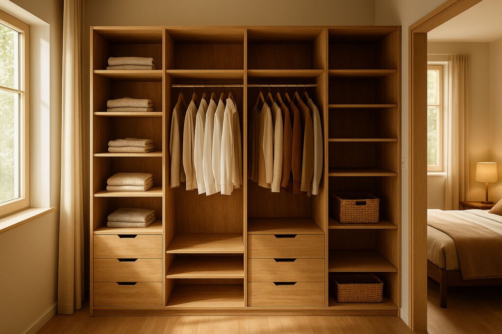 Ein großzügiger Kleiderschrank aus heller Eiche füllt eine ganze Schlafzimmerwand und ist offen gestaltet. Links und rechts bieten Regale Platz für gefaltete Kleidung und Körbe, während in der Mitte eine Kleiderstange mit ordentlich aufgehängten Hemden zu sehen ist. Darunter befinden sich Schubladen und zusätzliche Ablageflächen; durch das seitliche Fenster fällt weiches Tageslicht ins helle, gemütliche Schlafzimmer.