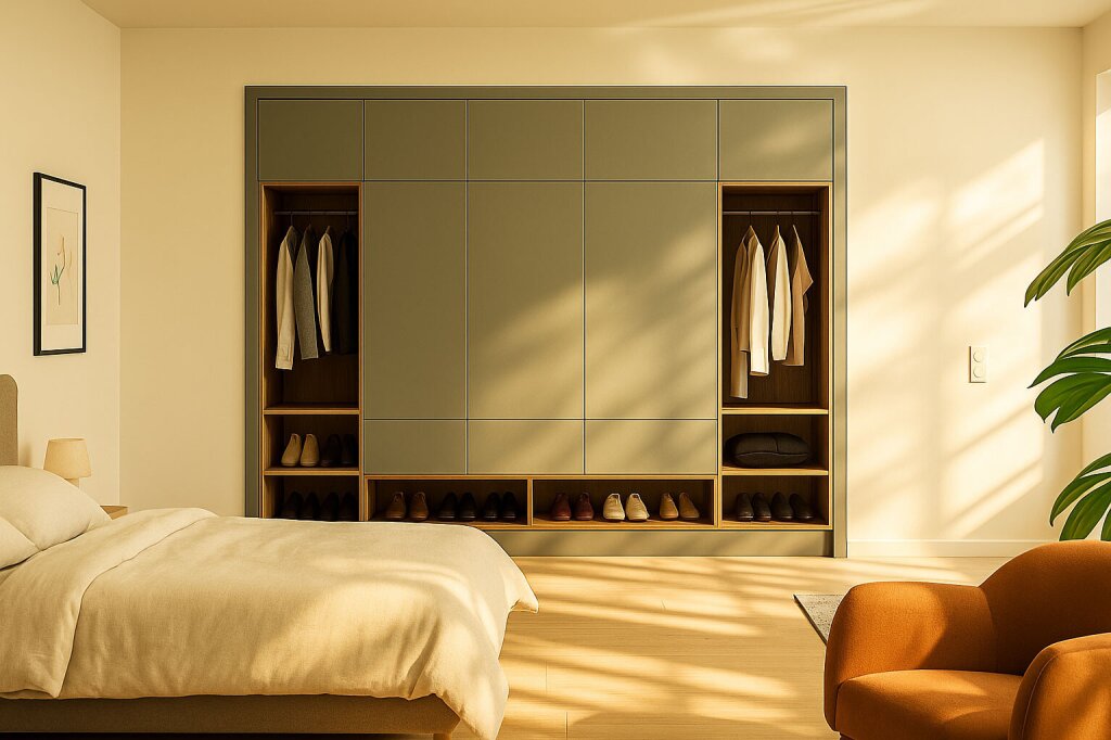 Moderner Kleiderschrank in einem Schlafzimmer, grün lackierte Fronten kombiniert mit offenen Holzfächern für Kleidung und Schuhe. Sonnenlicht fällt durch das Fenster und wirft helle Muster auf die Schrankfront und den Boden. Der Raum wirkt durch das Zusammenspiel von Schrank, Bett und einem orangefarbenen Sessel warm, modern und harmonisch.