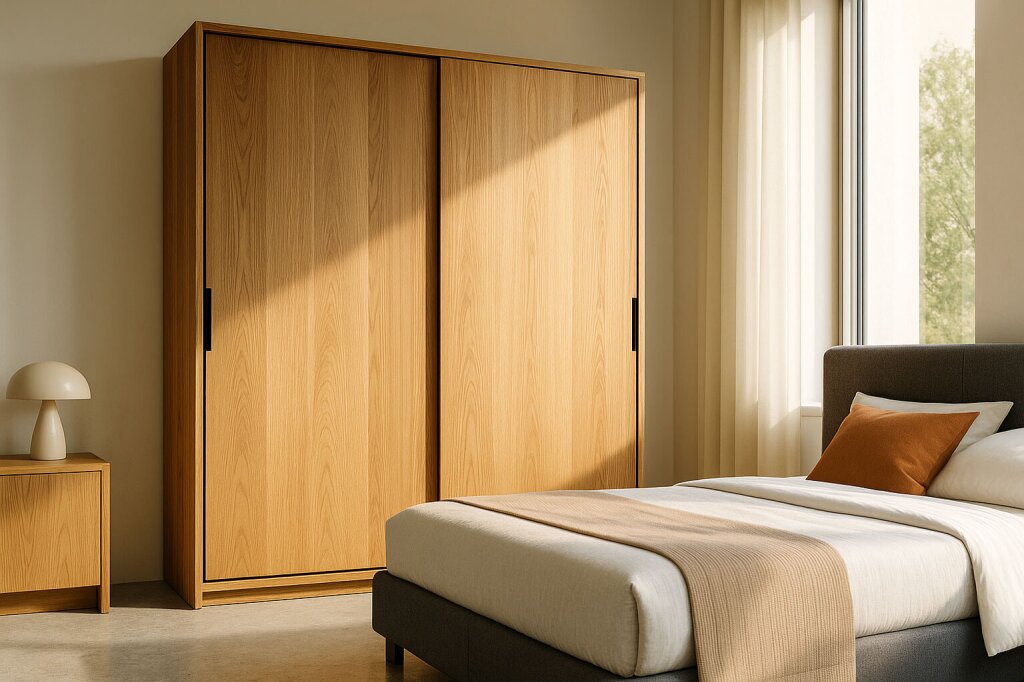 Ein moderner Schiebetürenschrank aus heller Eiche prägt das Schlafzimmer mit seiner klaren Linienführung und natürlichen Eleganz. Die durchgehenden Holzflächen zeigen eine feine Maserung, die Ruhe und Wärme ausstrahlt. Das helle Holz harmoniert mit dem sanften Tageslicht, das durch das große Fenster fällt und die natürliche Oberfläche lebendig wirken lässt. Schlichte schwarze Griffe setzen dezente Akzente und unterstreichen das minimalistische Design. Der Raum wirkt großzügig, aufgeräumt und lichtdurchflutet – ein Beispiel für zeitlose Tischlerarbeit, die Funktion und Ästhetik verbindet.