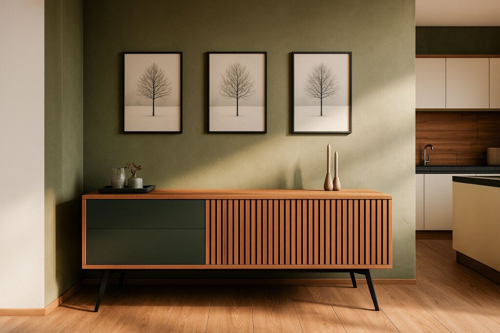 Maßgefertigtes Sideboard mit edlen Fronten in mattem Dunkelgrün und Korpus aus dunkelbraunem Holz. Das Möbel steht vor einer Wand in warmem Olivgrün, Sonnenlichtreflexe setzen natürliche Akzente. Im Hintergrund eine farblich abgestimmte Küche – moderner, eleganter Wohnstil mit harmonischer Atmosphäre.