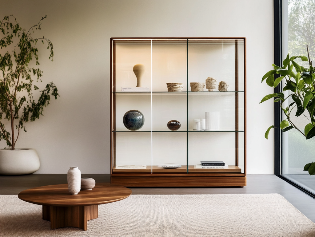 Eine schlichte, moderne Glasvitrine mit Glasschiebetür und Glasfächern. Der Boden und der zarte Rahmen sind aus edlem, dunklen Holz gefertigt. Im Vordergrund steht ein kleiner Runder Tisch, der optisch perfekt zur Vitrine passt. Grünpflanzen und stilvolle Dekorationsobjekte erzeugen eine einladende, wohnliche Atmosphäre.
