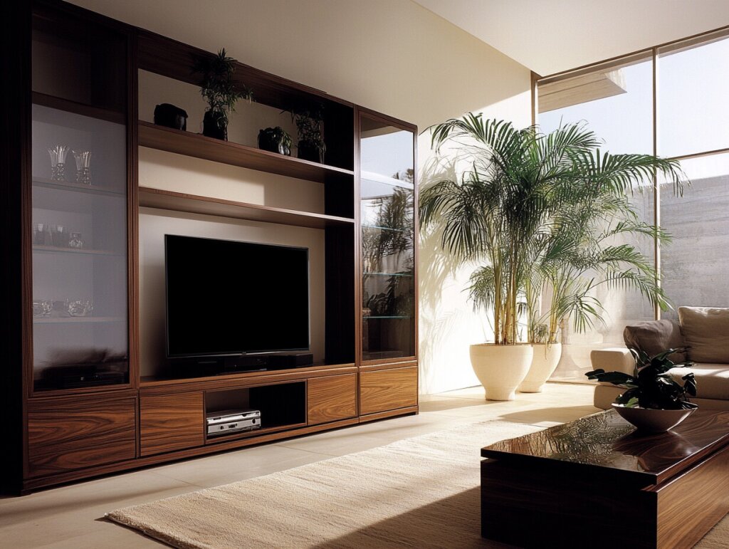 Wohnwand mit integriertem TV-Board und Glasvitrinen in elegantem Nussbaumfurnier. Die dunkle Holzstruktur wirkt edel und warm, große Topfpflanzen setzen natürliche Akzente im lichtdurchfluteten Raum. Der tiefe Loungetisch greift das Design der Wohnwand auf und sorgt für ein stimmiges Gesamtbild in diesem modern-exotisch anmutenden Wohnzimmer.