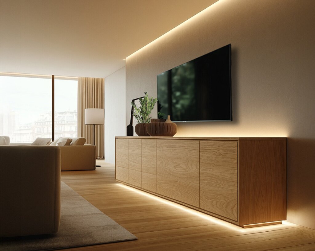 Ein stehendes Sideboard aus Eiche an einer sandfarbenen Wand mit indirekter Beleuchtung, die dem Sideboard sowohl Tiefe als auch Leichtigkeit verleiht. Das Board besteht aus fünf Segmenten, die als Drehtüren gearbeitet sind. Über dem Board hängt ein Flachbildschirmfernseher, am Board stehen Vasen und ein Bilderrahmen. Links öffnet sich das Bild in den gemütlichen Wohnbereich mit einem großen Fenster und einer großen Couch. Das Bild hat eine sehr sanfte, harmonische Wohnatmosphäre, die indirekte Beleuchtung des Sideboards und die natürlichen Farben unterstützen den Massivholzcharakter des Sideboards.