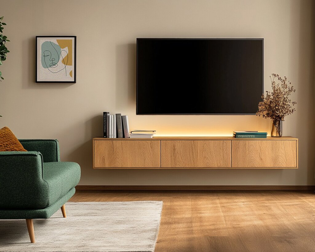 Ein Sideboard in rustikalem Wildeichedekor mit indirekter Beleuchtung, Wandaufhängung und drei Segmenten, die als geschlossene Klapptüren gearbeitet sind. Ein Moderner Flachbildschirm hängt über dem Board, Bücher und eine Vase dekorieren das Sideboard. Ein grüner Fauteuil im Retrostil steht links im Bild, darüber hängt ein Kunstdruck, der ein abstraktes Frauengesicht zeigt. Das Bild vermittelt eine angenehme, gemütliche Atmosphäre, mit gleichzeitig stilvollem Ambiente.
