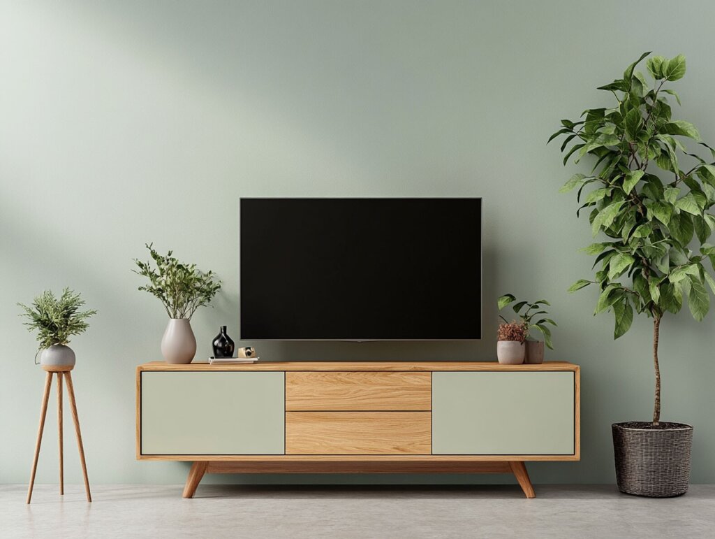 Freistehendes TV-Möbel in modernem Retro-Look mit klarer Linienführung, schräg ausgestellten Massivholzfüßen und einer Kombination aus natürlichem Holz und pastellgrünen Fronten. Der Fernseher steht mittig auf dem Board, flankiert von dekorativen Vasen mit Pflanzen. Die Wand im Hintergrund ist in einem sanften Grünton gestrichen, der den natürlichen Charakter des Möbels unterstreicht. Zimmerpflanzen auf verschiedenen Ebenen rahmen das Ensemble ein und verleihen dem Raum Frische und Lebendigkeit.