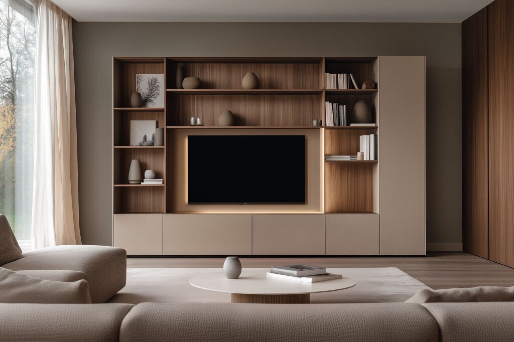 Wohnzimmer mit maßgefertigter Wohnwand und integrierter Beleuchtung, kombiniert aus offenen Regalfächern und geschlossenen Stauraumelementen. Die Oberflächen sind in warmem Holzton und der Frontfarbe Moccha Mousse gehalten. Bücher, Keramikobjekte und gerahmte Kunstwerke sind dezent arrangiert. Ein runder Couchtisch mit Vase und Buch steht vor einem gemütlichen Sofa, während Tageslicht durch einen Vorhang seitlich in den Raum fällt und eine ruhige, harmonische Atmosphäre schafft.