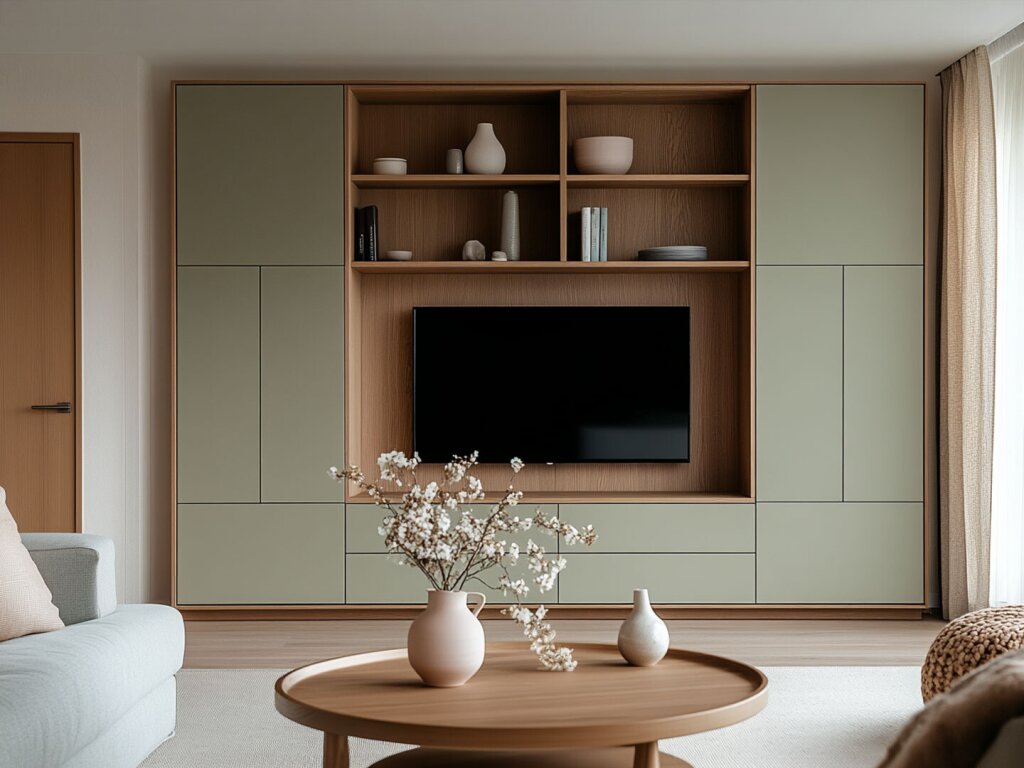 Eine raumhohe Wohnzimmerwand mit viel Stauraum. Die geschlossenen Schränke bzw. Laden sind in mattem Salbeigrün und die offenen Regale -mittig angeordnet - aus Eichenholz. Der moderne Fernseher ist perfekt integriert, oberhalb bietet eine großzügige Regalfläche viel Platz für Dekoration und Bücher. Die Atmosphäre ist leicht, frühlingshaft und aufgeräumt.