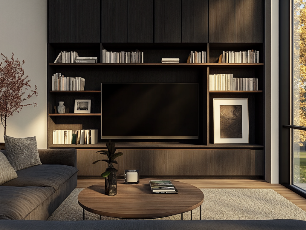 Modernes Wohnzimmer mit einer maßgefertigten Wohnwand aus dunklem Holz, die den Fernseher stilvoll einrahmt. Offene Regale mit Büchern und Dekorationen setzen elegante Akzente, während geschlossene Schränke zusätzlichen Stauraum bieten. Eine gemütliche Sofalandschaft und ein runder Couchtisch schaffen eine einladende Atmosphäre. Warmes Licht und große Fenster mit Blick auf herbstliche Bäume verstärken die wohnliche Stimmung. Der Einrichtungsstil kombiniert moderne Eleganz mit einem Hauch von Retro-Charme – dunkles Holz, klare Linien und dezente Mid-Century-Elemente verleihen dem Raum eine zeitlose, stilbewusste Atmosphäre.