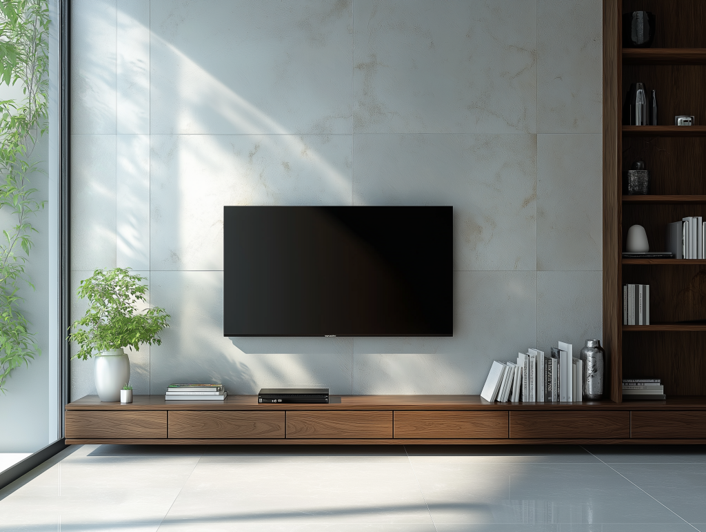 Helles, minimalistisches Wohnzimmer mit einem schwebenden TV-Board aus dunklem Holz. Der Fernseher ist an einer dezent strukturierten Wand montiert, während ein offenes Regal auf der rechten Seite Stauraum für Bücher und Dekoration bietet. Tageslicht fällt durch eine große Fensterfront ein, die den Raum mit natürlicher Helligkeit füllt. Dezente Pflanzen und stilvolle Accessoires unterstreichen das klare, moderne Design.