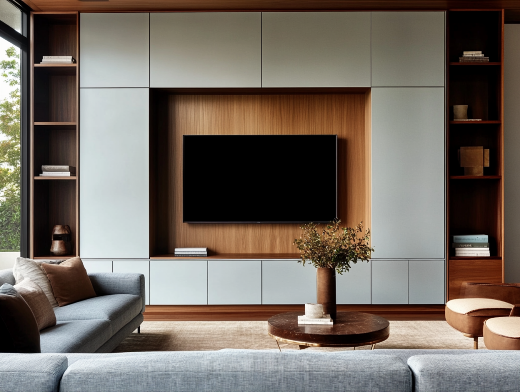 Ein moderner, raumhoher Wandverbau in einem hellen Wohnzimmer. Der Fernseher ist clever in der Mitte des Verbaus eingearbeitet, rundherum wurden geschlossene Stauraumfächer mit pastellblauen Fronten angeordnet. Am Rand gibt es jeweils ein offenes Regal in warmem Nussholz. Die gemütliche Couch im Vordergrund, der runde Couchtisch und ausgewählte Dekoelemente verleihen dem Raum eine gemütliche, wohnliche Atmosphäre.