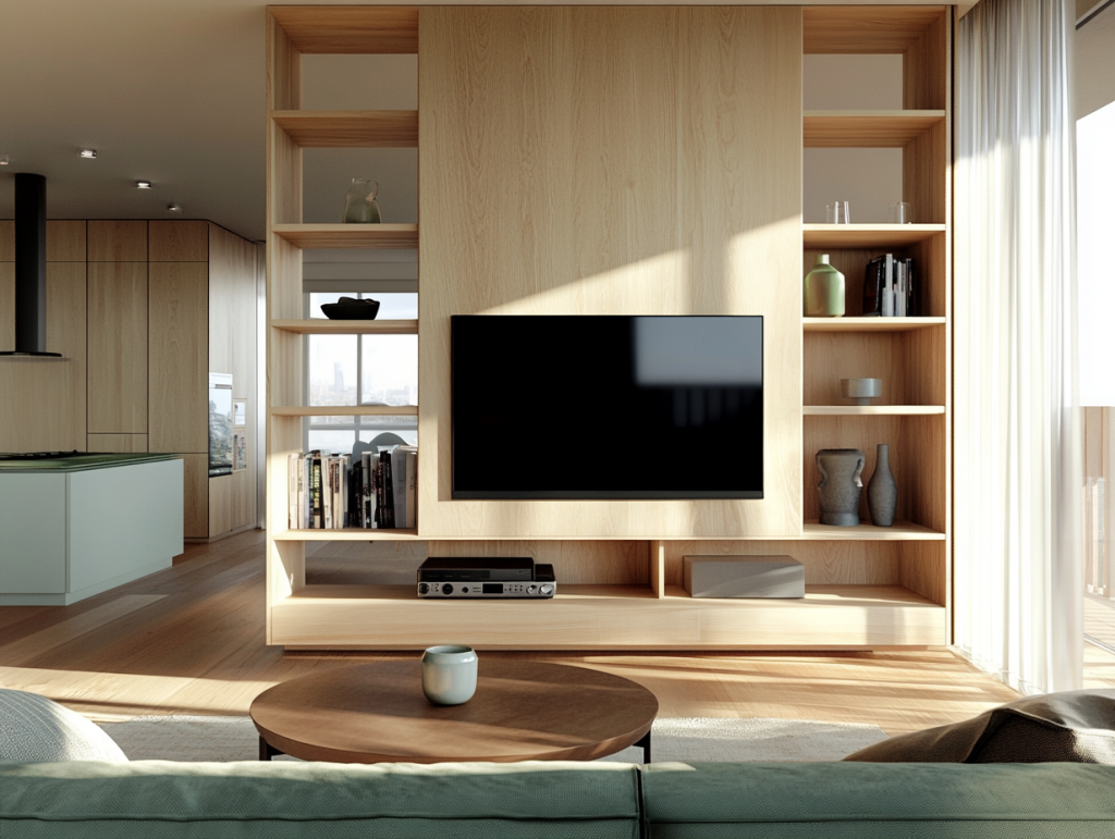 Raumteiler aus hellem Holz mit integrierter Wohnwand trennt den Wohn- und Küchenbereich auf elegante Weise, ohne die Offenheit des Raumes zu verlieren. Offene Regale lockern das Design auf und bieten Platz für Bücher, Dekoration und Keramik, während geschlossene Fächer zusätzlichen Stauraum schaffen. Der Fernseher ist mittig eingebaut und fügt sich harmonisch in das minimalistische Konzept ein. Große Fenster sorgen für viel Tageslicht und unterstreichen das luftige, moderne Wohngefühl.