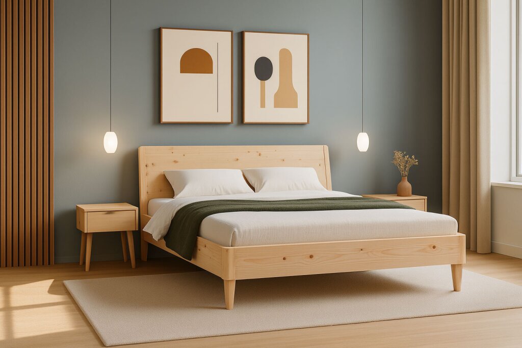 Zartes Zirbenbett aus massivem Zirbenholz mit abgerundetem Kopfteil, feiner Maserung und schmalen Füßen. Inszeniert in einem modernen, hellen Schlafzimmer mit blauer Wand, stilvollen Wandbildern und minimalistischer Dekoration – ideal für zeitgemäßes Wohnen.