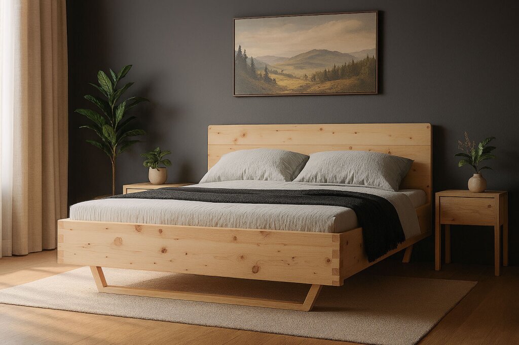 Zeitloses Zirbenbett mit klarer Linienführung und massivem Holzrahmen, vor dunkler Wand mit Landschaftsbild und moderner Dekoration. Perfekte Kombination aus Naturholz und modernem Schlafzimmer-Design.