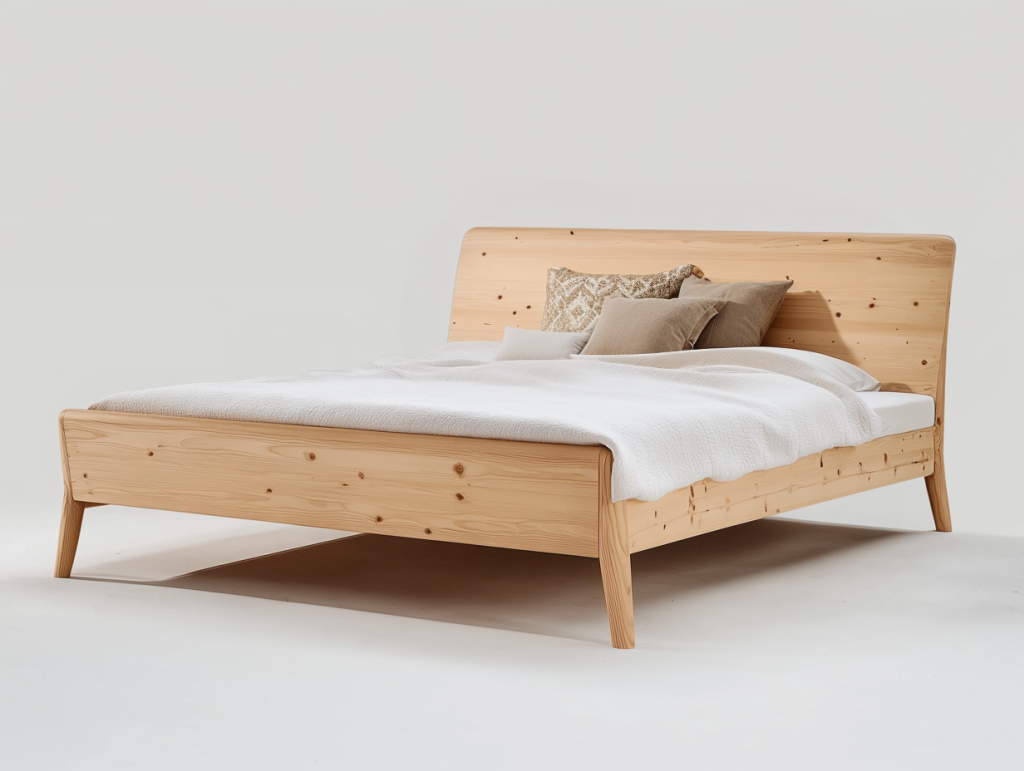 Klassisches Zirbenbett mit leicht geschwungenem Kopfteil und schlanken Beinen. Das Bett aus naturbelassenem Zirbenholz strahlt Wärme aus und bringt die charakteristischen Holzmaserungen zur Geltung. Durch die leicht geschwungene Formgebung wirkt das Bett leicht und zart. Dezente Kissen und eine helle Tagesdecke sorgen für eine gemütliche Atmosphäre.