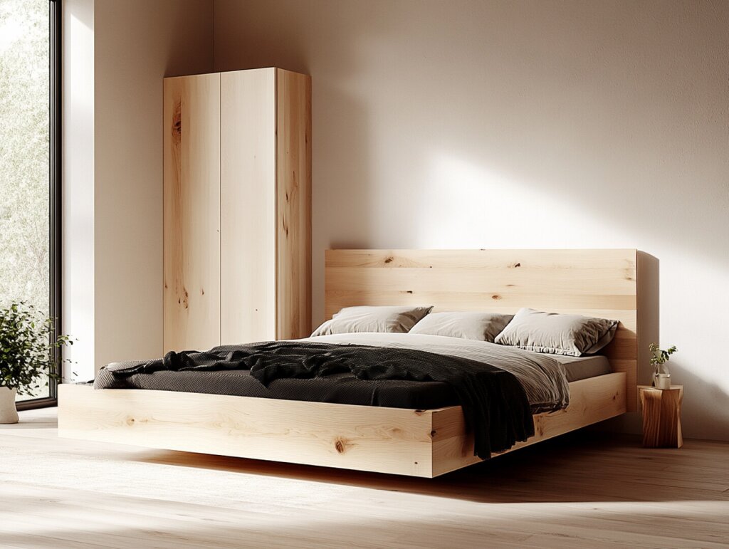 Schwebendes Zirbenbett mit massivem Kopfteil, gefertigt aus naturbelassenem Holz. Das reduzierte Design mit integrierten Nachtkästchen sorgt für eine moderne, leichte Optik. Sonnenlicht fällt durch das große Fenster und unterstreicht die warme Atmosphäre des Schlafzimmers.
